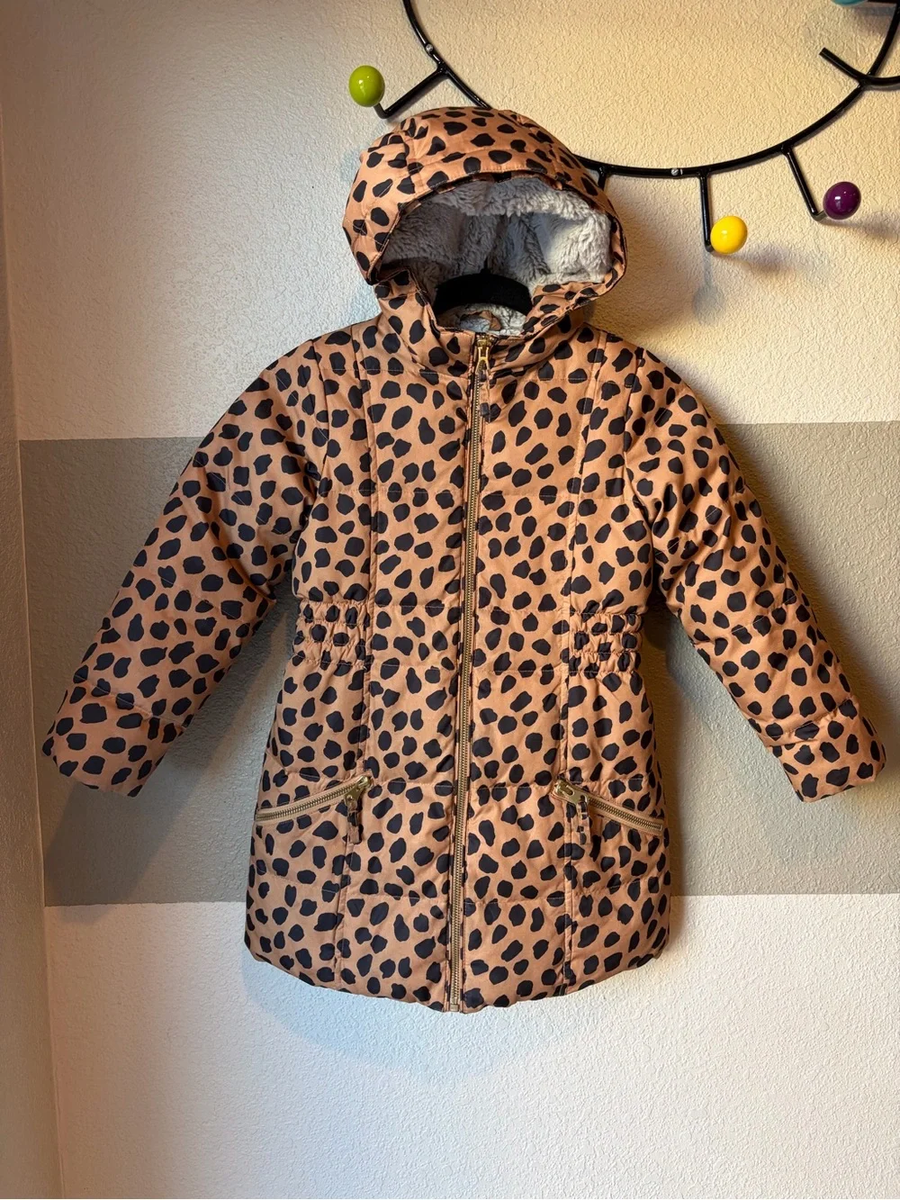 Lands’ End Girls 4 Leopard Down Fleece Lining Full Zip Winter Puffer Coat